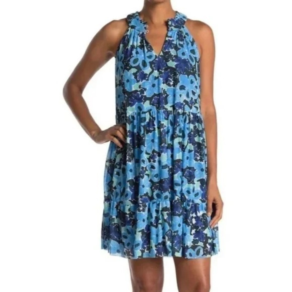 Donna Morgan Sleeveless Blue Floral Halter Neckline Swing Dress 6